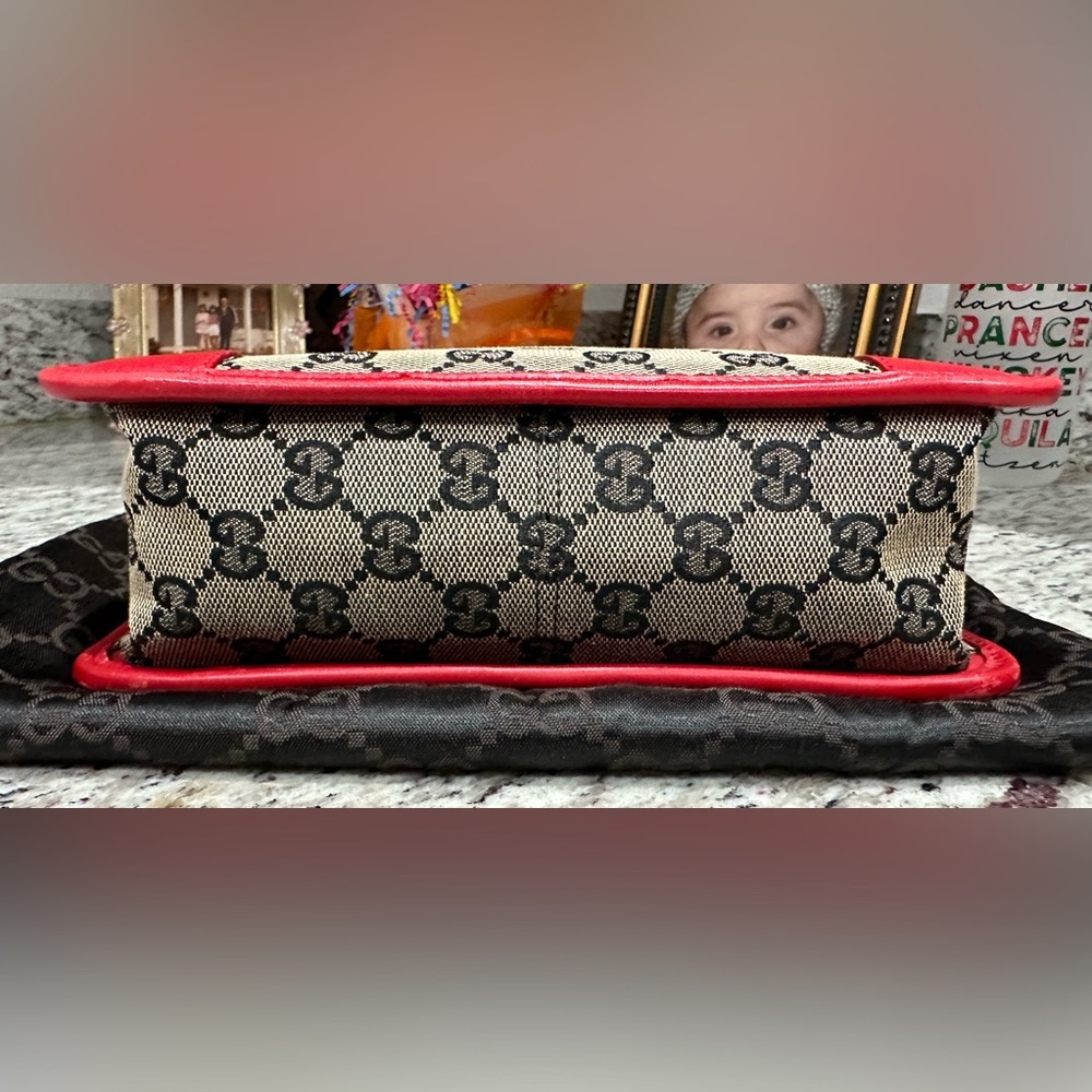 6 HOUR SALE -GUCCI MONOGRAM CANVAS MINI BAG W Red LEATHER DUAL HANDLES - Picture 7 of 15
